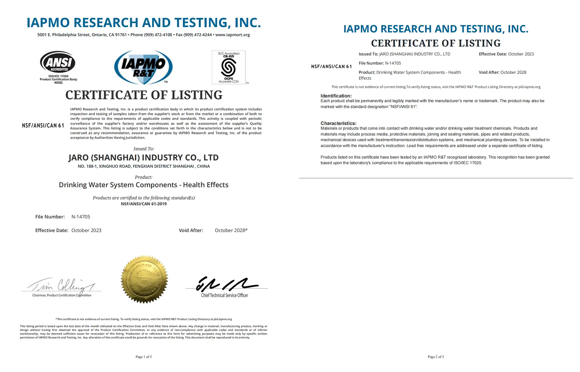 IAPMO R&T NSF/ANSI/CAN 61 Certificate of Listing for JARO Industry drinking water system components and health effects.