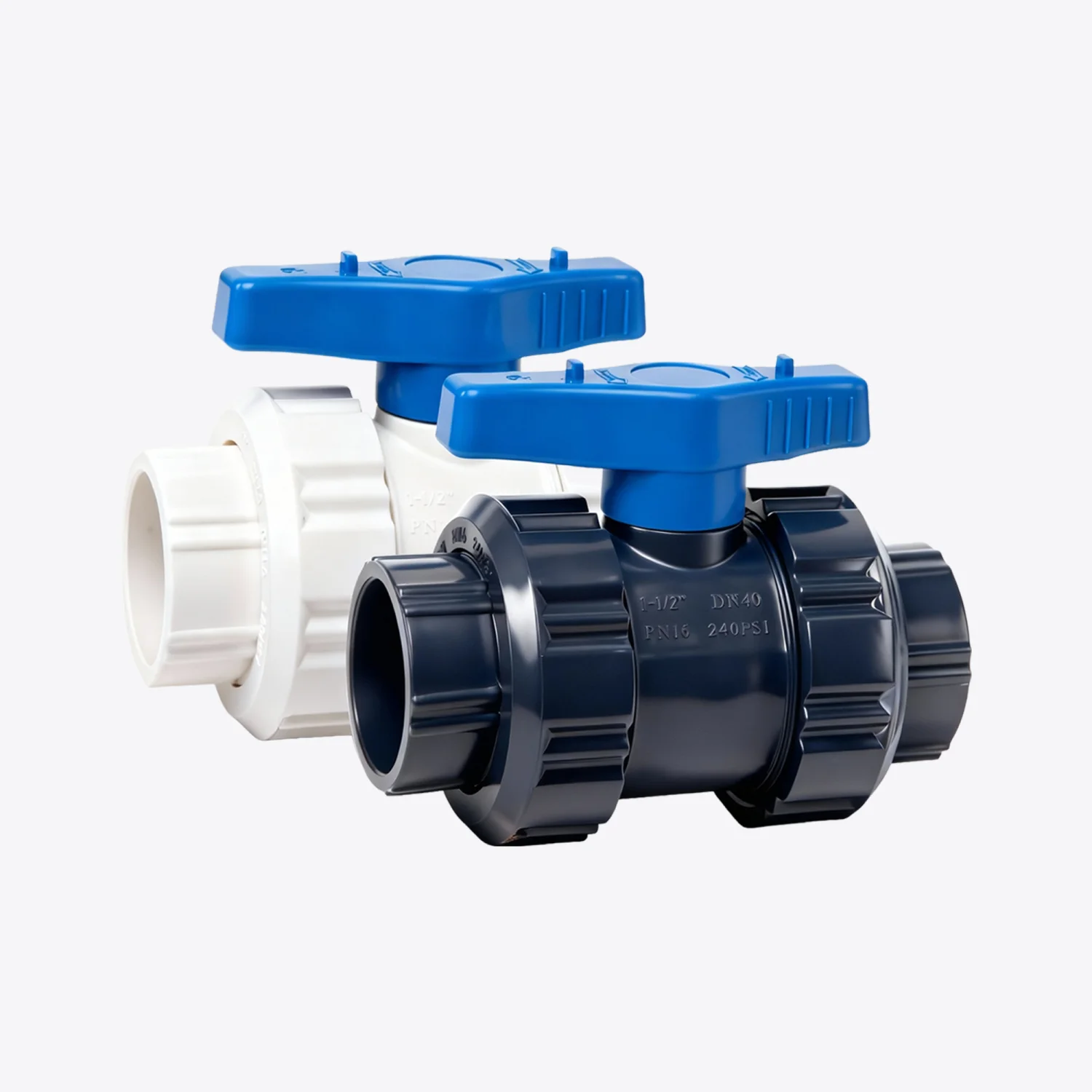 True Union Ball Valve - JRV15 9 JRV15 PVC true union ball valve with blue handle for removable industrial and agricultural irrigation piping