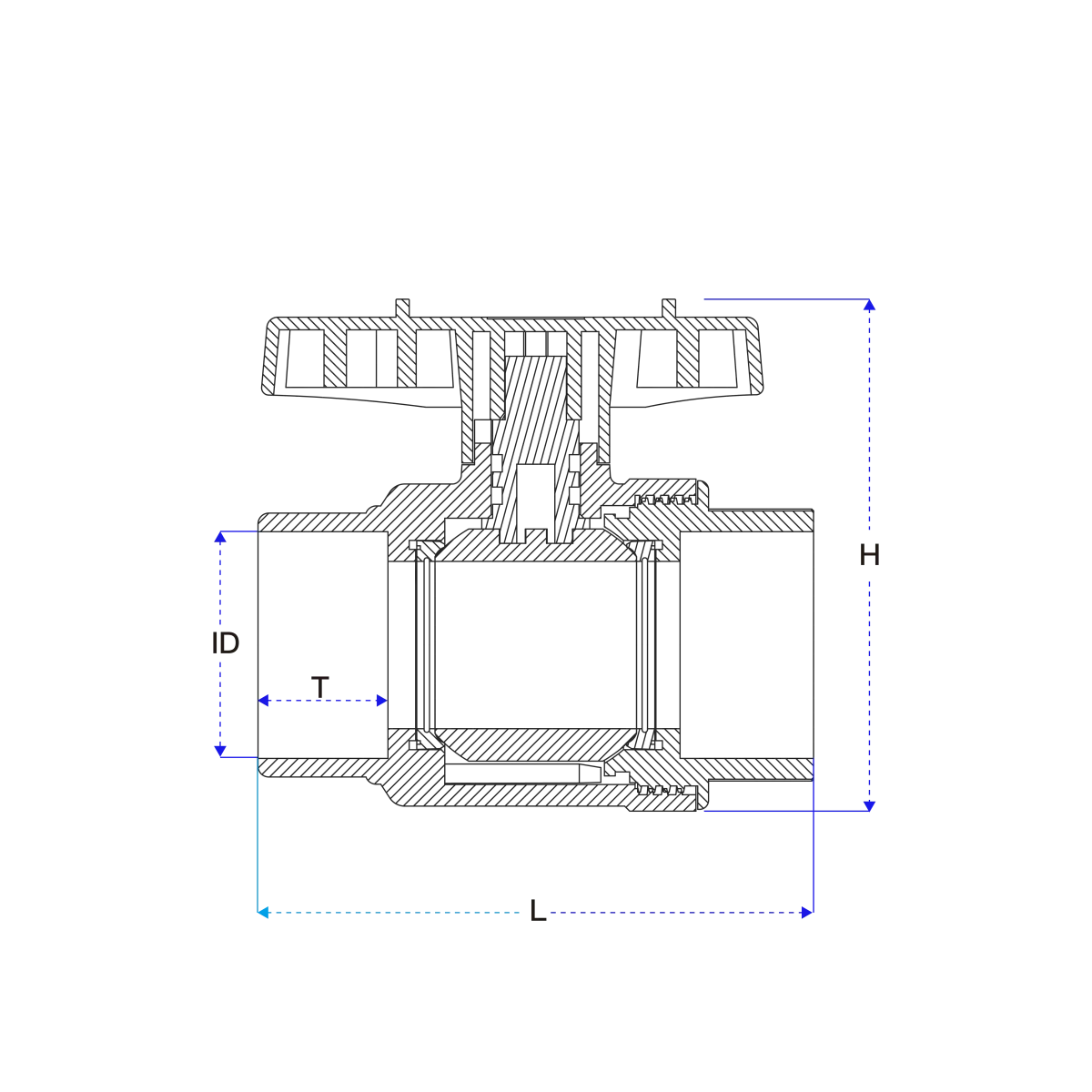 PVC Two-Piece Ball Valve-Plastic Handle Technical Drawing-JRV17 10 JRV17 PVC two-piece ball valve technical drawing with plastic handle