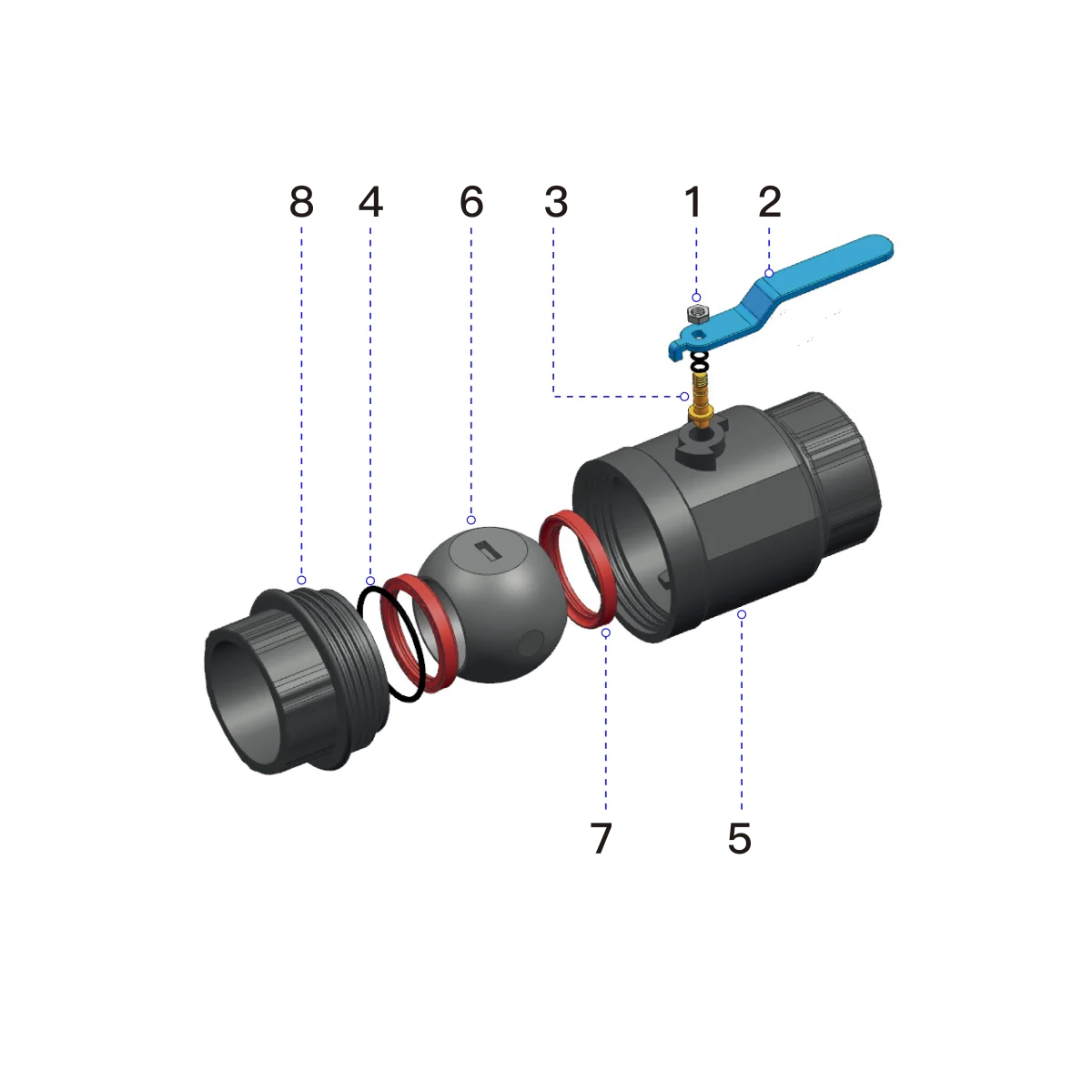 PVC Two-Piece Ball Valve-Steel Handle Diagram-JRV18 6 JRV18 PVC two-piece ball valve product structure diagram with steel handle