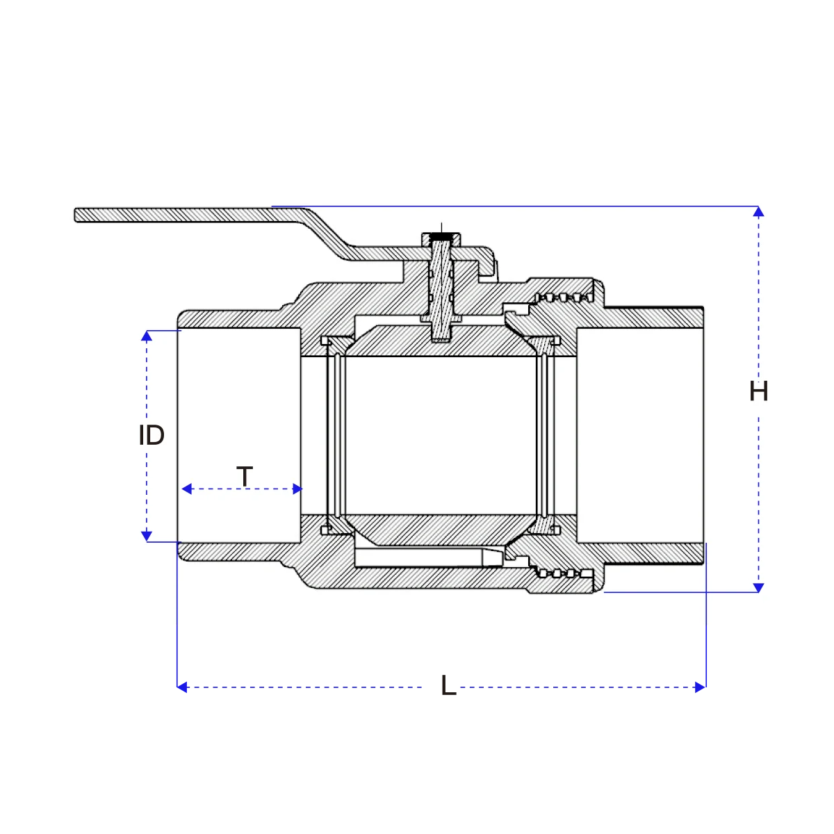 PVC Two-Piece Ball Valve-Steel Handle Technical Drawing-JRV18 7 JRV18 PVC two-piece ball valve technical drawing with steel handle