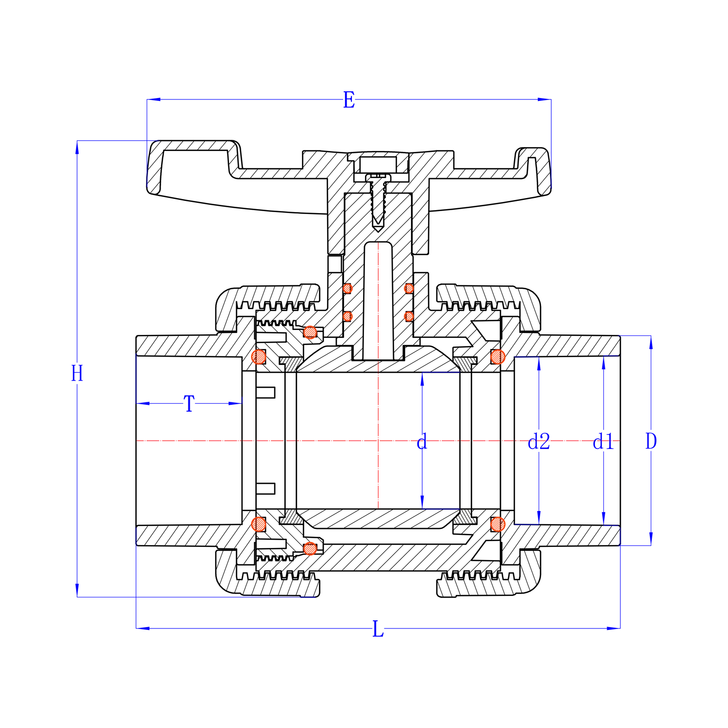 Dimension Drawing of JARO PVC-U Double Union Ball Valve 5 PVC-U double union ball valve dimension drawing with metric and imperial connection dimensions