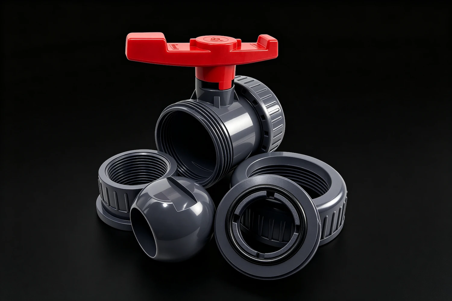 PVC-U Double Union Ball Valve Upgraded Internal Components 4 PVC-U double union ball valve internal components showing upgraded sealing rings, optimized flow channel and redesigned ball structure